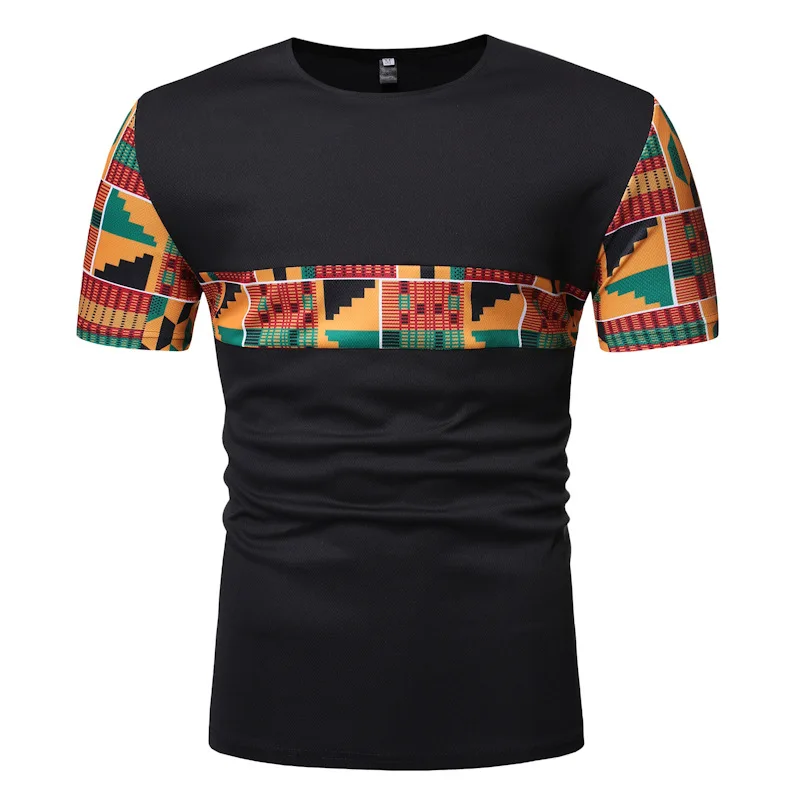 Модные Африканский узор «Кенте» хлопковая футболка для Мужская, с короткими рукавами, Гана, топы со вставками с геометрическим принтом Футболка Цвет заблокирован, одежда - Цвет: Черный