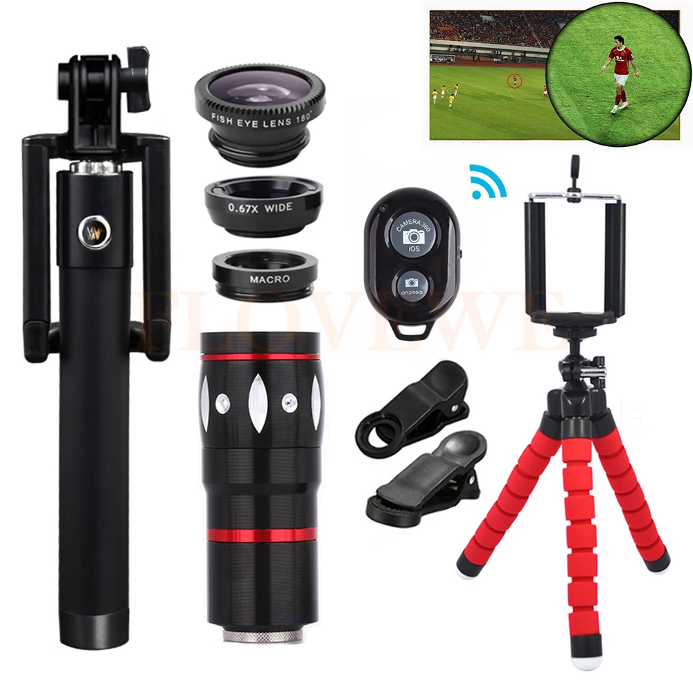 

2017 10X Telephoto Lentes Fisheye Wide Angle Macro Lens Tripod Monopod Selfie Stick For iPhone 6 6S 7 8 Xiaomi Cell Phone Lenses
