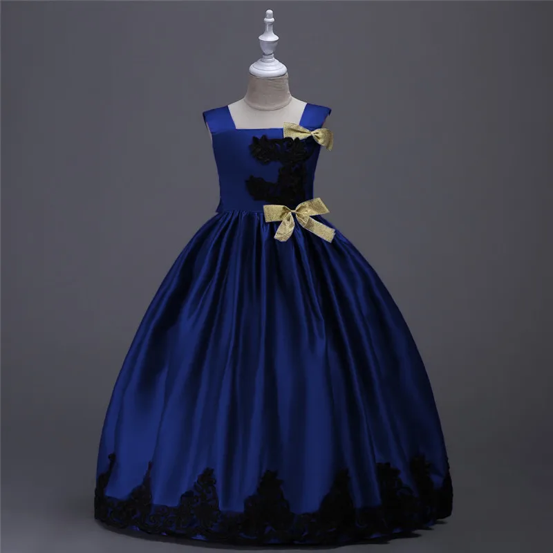 Royal Blue Yellow Lace Satin Princess Girls Long Dress for Party and