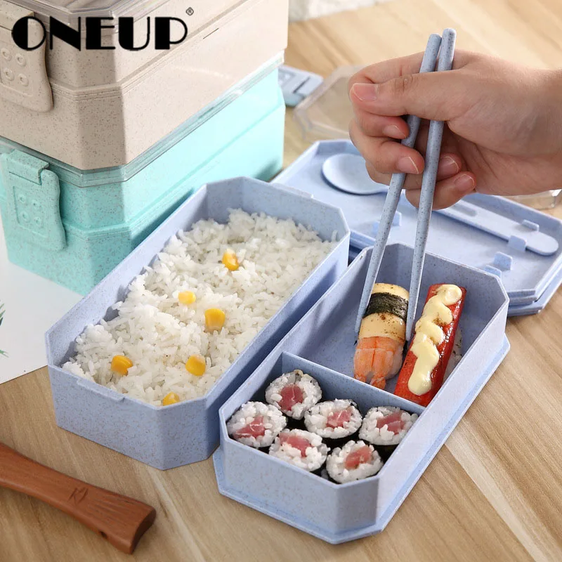 

ONEUP 750ml Wheat Straw 2 Layer Leakproof Lunch Box With Spoons Or Chopsticks Microwave Tableware Food Storage Container Box