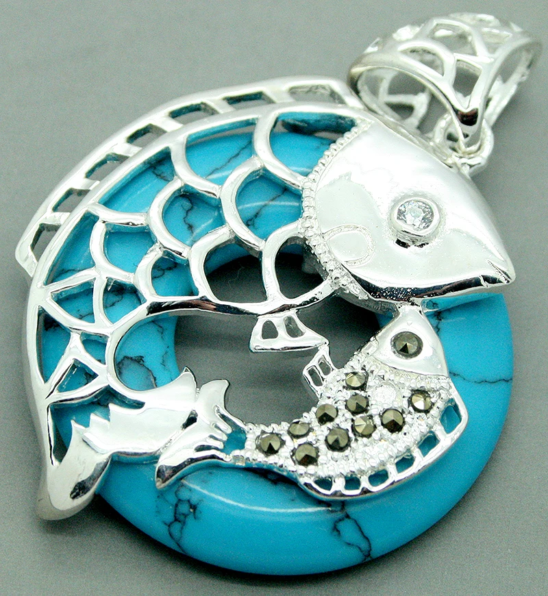 

925 Silver fish inlay 30MMX30MM blue turquoise Jewelry Pendant