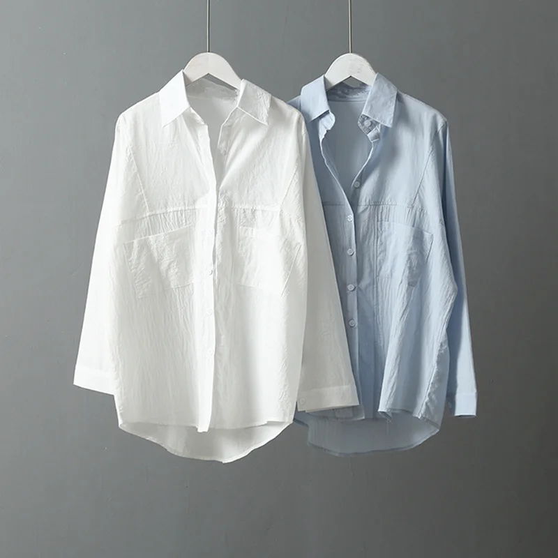 

Double Pockets Design Casual Women Shirts Korean Fashion Summer Blouse Low-high Design Long Batwing Sleeve White Shirts Blouses