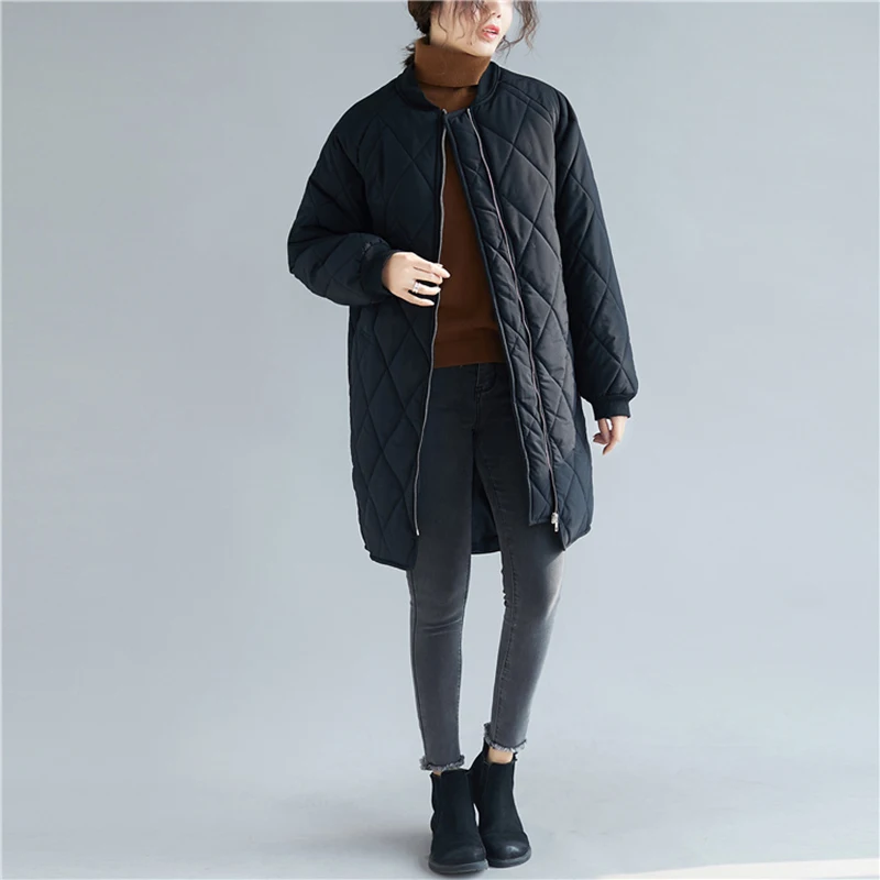 

2019 Winter New Women Parkas Rhombic Quilted Long Sleeve Warm Cotton Coat Casual Large Size Loose Long Tide Brand Parkas QQ347