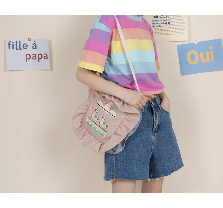 Harajuku Cartoon Embroidery Female Student Handbag New Hot Women's Color Matching Ruffled Shoulder Bag Messenger Bag