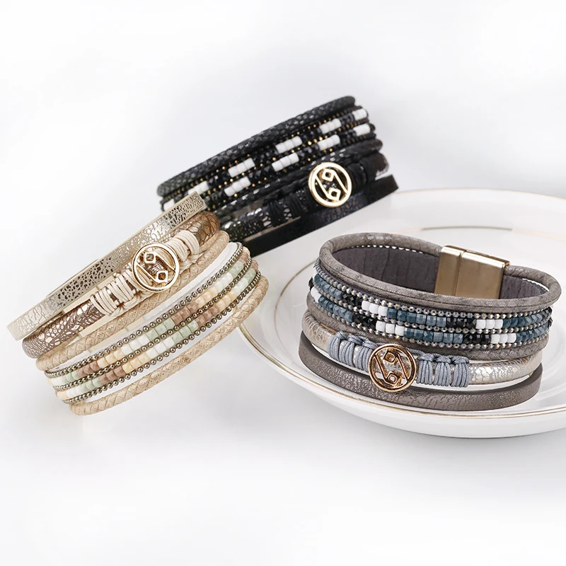 ALLYES Multilayer Bracelets for Women Rope Metal Charm Bohemian Leather Bracelet Female Wide Bracelets & Bangles Femme Jewelry