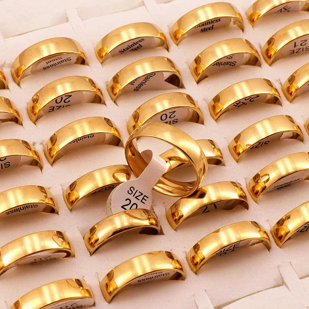

50 Pcs/lot 6mm Classic Fashion Golden Stainless Steel Rings Wedding Lover Ring For Men Women Spherical Surface Polished inside