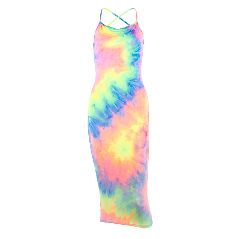 Shстайл Tie Dye красочные карандаш с открытой спиной Крест до середины икры Длина
