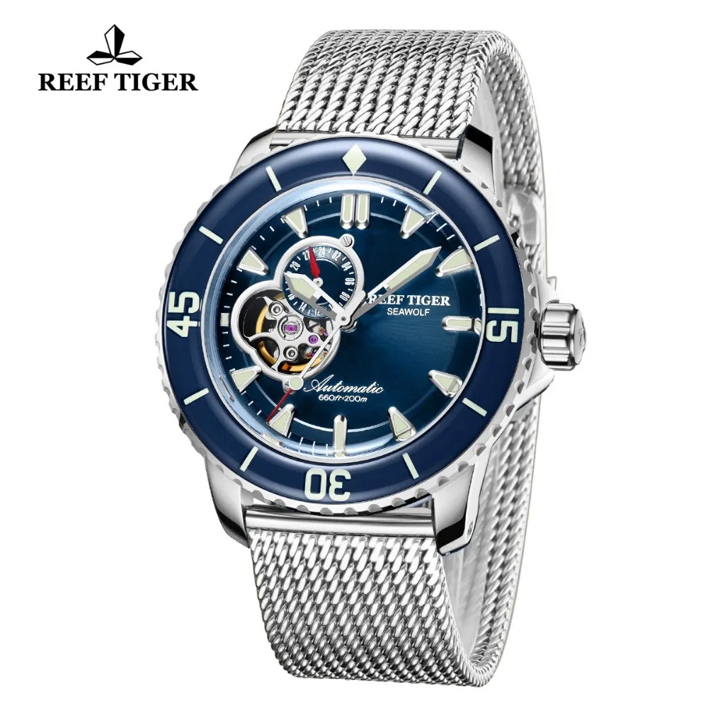 Мужские спортивные часы для дайвинга Reef Tiger/RT автоматические светящиеся с синим