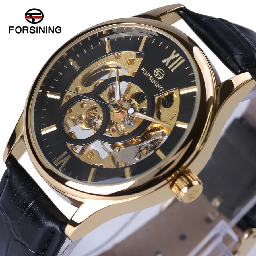 2018 Forsining 3d Logo Royal Design Black Gold Muži Mechanické hodinky Montre Homme Pánské hodinky Top Brand Luxury Leather Skeleton