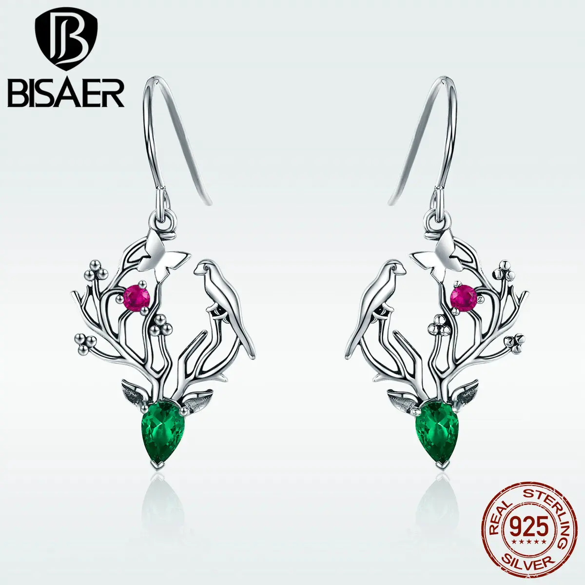 

BISAER Design Genuine 925 Sterling Silver Green CZ Tree Elk Animal Long Drop Earrings for Women Unique Silver Jewelry GXE367