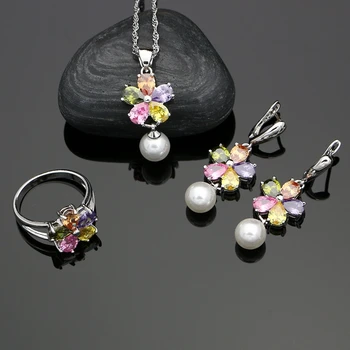 

Silver 925 Jewelry Freshwater Pearls Multicolor Zircon Stone Jewelry Sets For Women Wedding Earrings/Pendant/Ring/Necklace Set