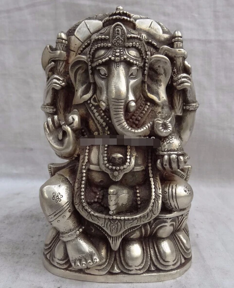 SCY 1031++++Tibet Silver Lotus 4 Arms Ganapati Ganesh Lord Ganesha Buddha Mouse Statue | Дом и сад
