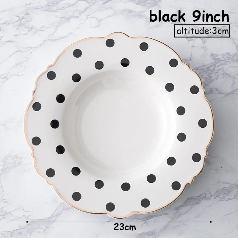10 дюймов лоток для еды с золотым краем набор посуды в горошек набор тарелок для супа блюда для бифштекса плоская тарелка в форме цветка посуда для завтрака - Цвет: Black deep 9inch
