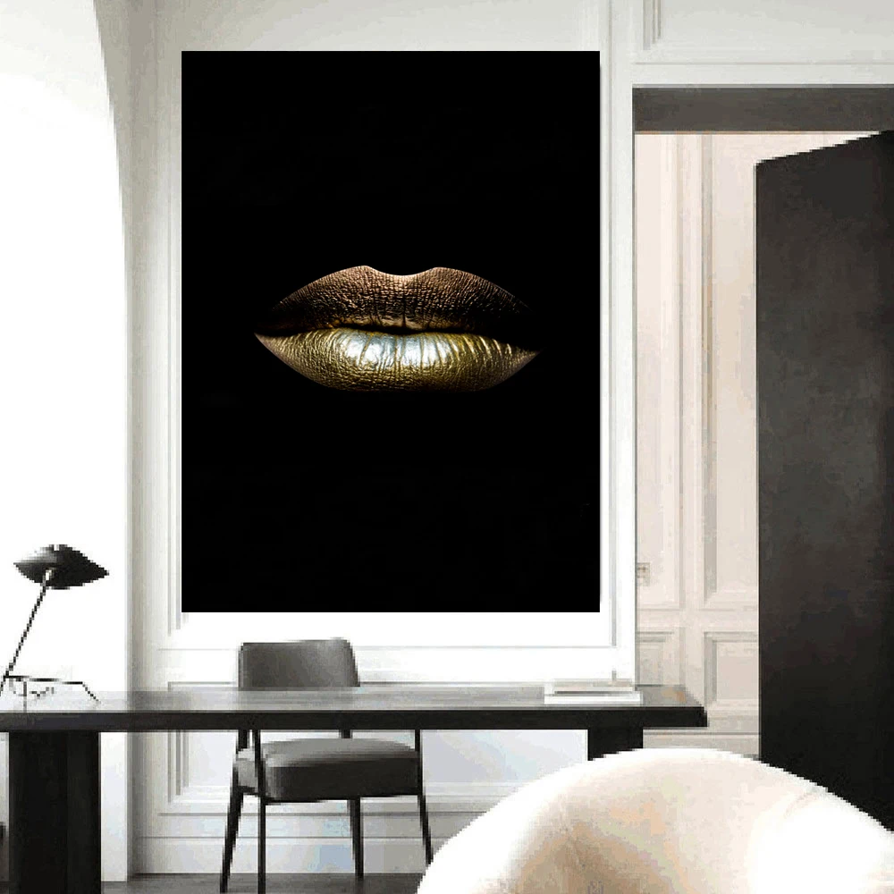 Modern Pictures Black White Sexy Charming Woman Gold Lips Canvas Painting Wall Art For Living Room Home Decor Posters and Prints