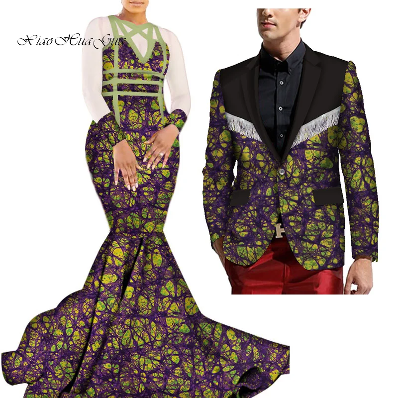 African Mermaid Bazin Riche Dresses for Couples Dashiki African Couple Clothing Women's Dress+Men's Blazer 2 Pieces Set WYQ275