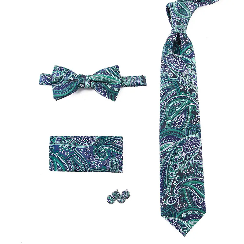 4PTS-027 HOT 7.5cm Men Neck Tie Striped Paisley Necktie Bow Handkerchief Cufflinks Set Men's Party Wedding Pocket Square Bowtie Tie Sets - Цвет: 4PTS-027