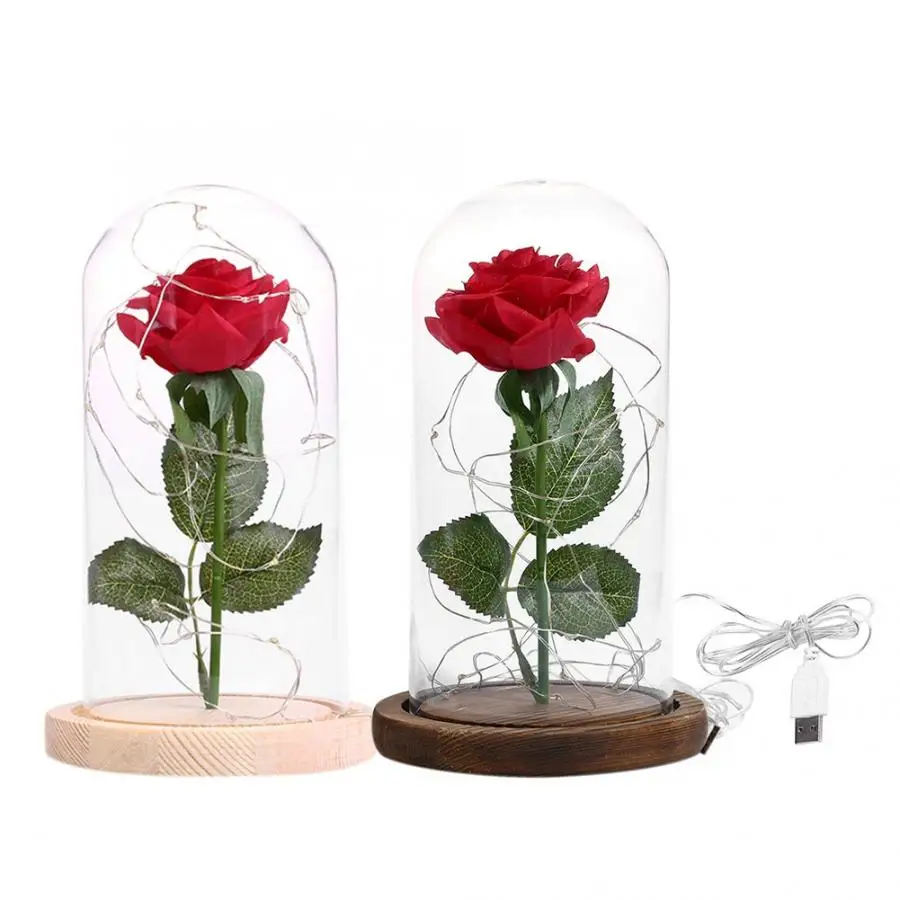 

Silk Rose and LED String Light in Glass Dome on Wooden Base for Home Decor Party 10*19cm