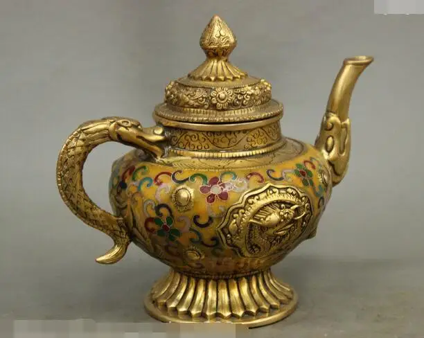 

S6737 8" Royal Bronze Gilt Cloisonne Enamel Tibet Dragon TeaPot Wine Pot Flagon Statue D0318