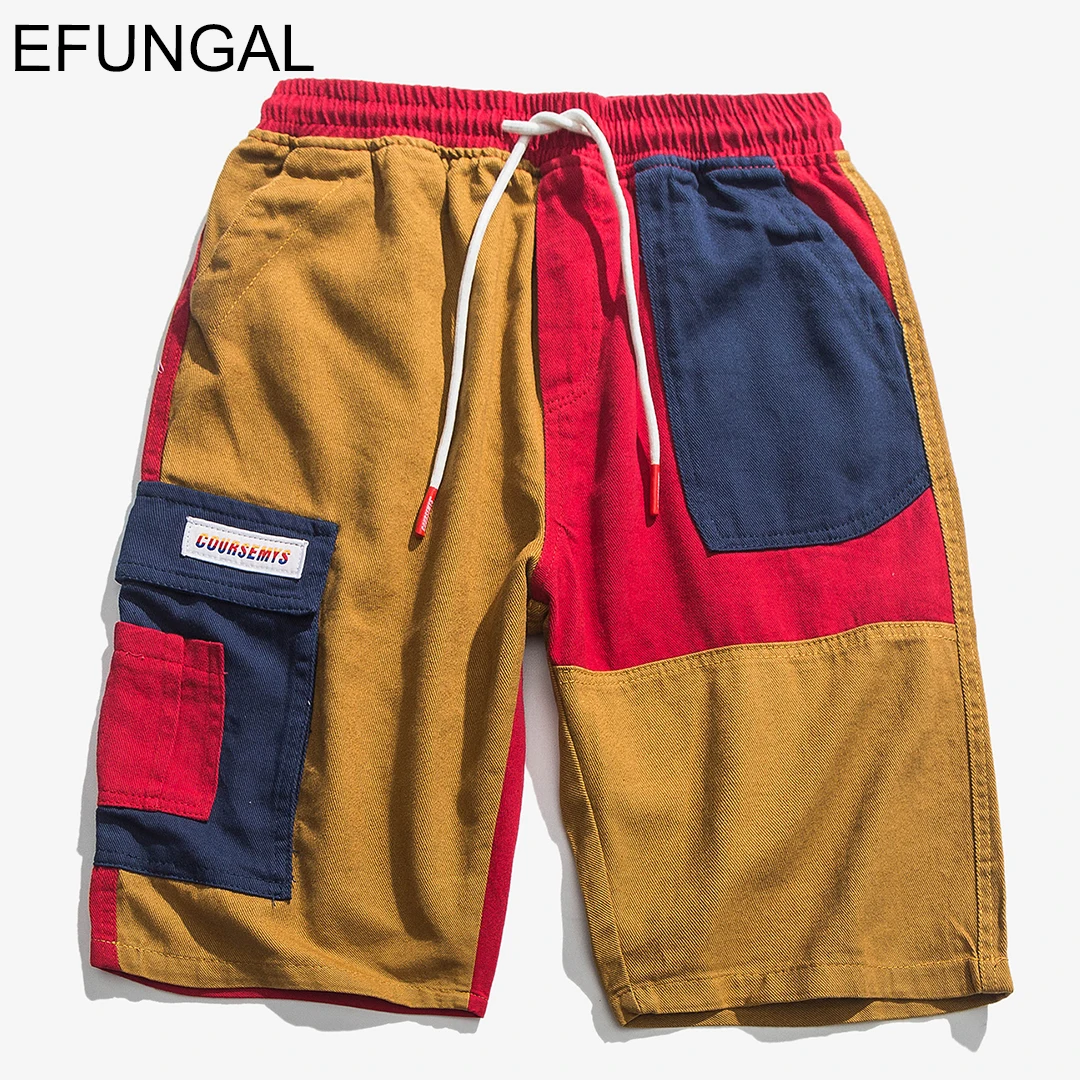 EFUNGAL двухцветные Лоскутные карго шорты Летняя уличная мужские Harajuku повседневные короткие джоггеры по колено спортивные штаны