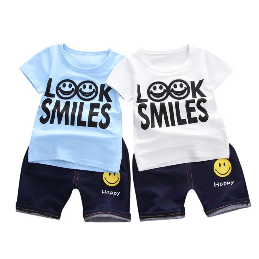 Комплекты одежды для мальчиков детская одежда vetement enfant fille/Детская Однотонная футболка с надписью для маленьких девочек джинсовые шорты с принтом комплект из 2 предметов
