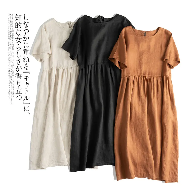 

Spring Summer Women Loose Plus Size Mori Girls Brief Comfortable French 17*21 Water Washed Linen Dresses 3 Colors