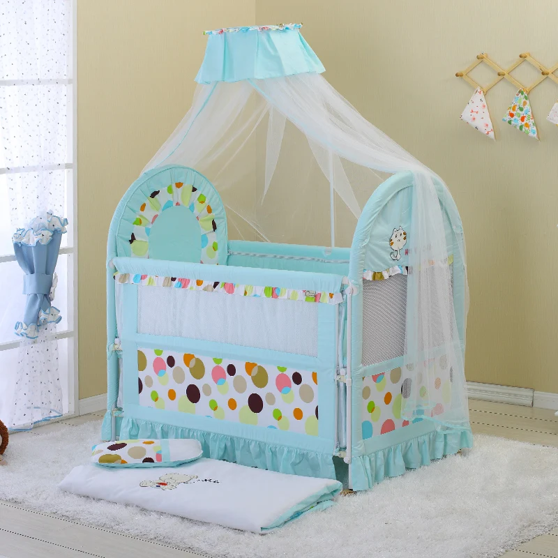 

Excellent Quality Baby Bed Length and Height Adjustable Mosquito Net Cotton Beddings included Kid Play Pen Dual Use Baby Crib