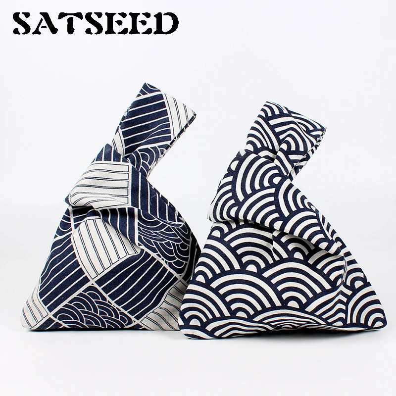 

Japanese Style Wind Simple Knot Wrist Bag Mobile Phone Key Small Bag Grid Wave Flower Handmade Square Bag