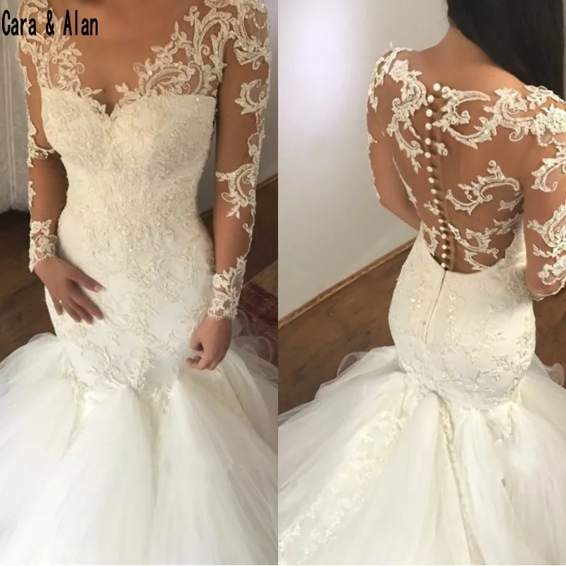 Скромное кружевное свадебное платье с аппликацией и юбкой-годе 2019 vestido de noiva, Длинные свадебные платья без рукавов на пуговицах сзади