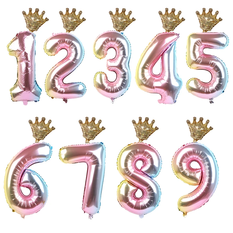 

30inch Gradient Color Number Foil Balloons 1 2 3 4 5 Years Old Kids Boys Crown Happy Birthday Balloon Baby Shower Decor Supplies