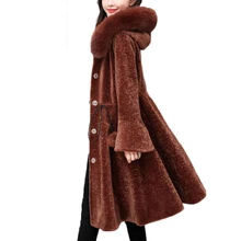 Новинка 5XL, шерстяное Норковое Пальто, женская зимняя куртка, роскошный воротник из лисьего меха, с капюшоном, теплая верхняя одежда, стрижка овец, длинное пальто