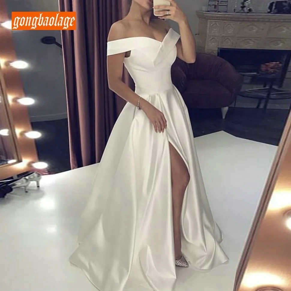 

Simple Satin White Wedding Dresses Long 2019 Beige Customized Off The Shoulder Side Slit A-Line Ivory Wedding Gown Floor Length