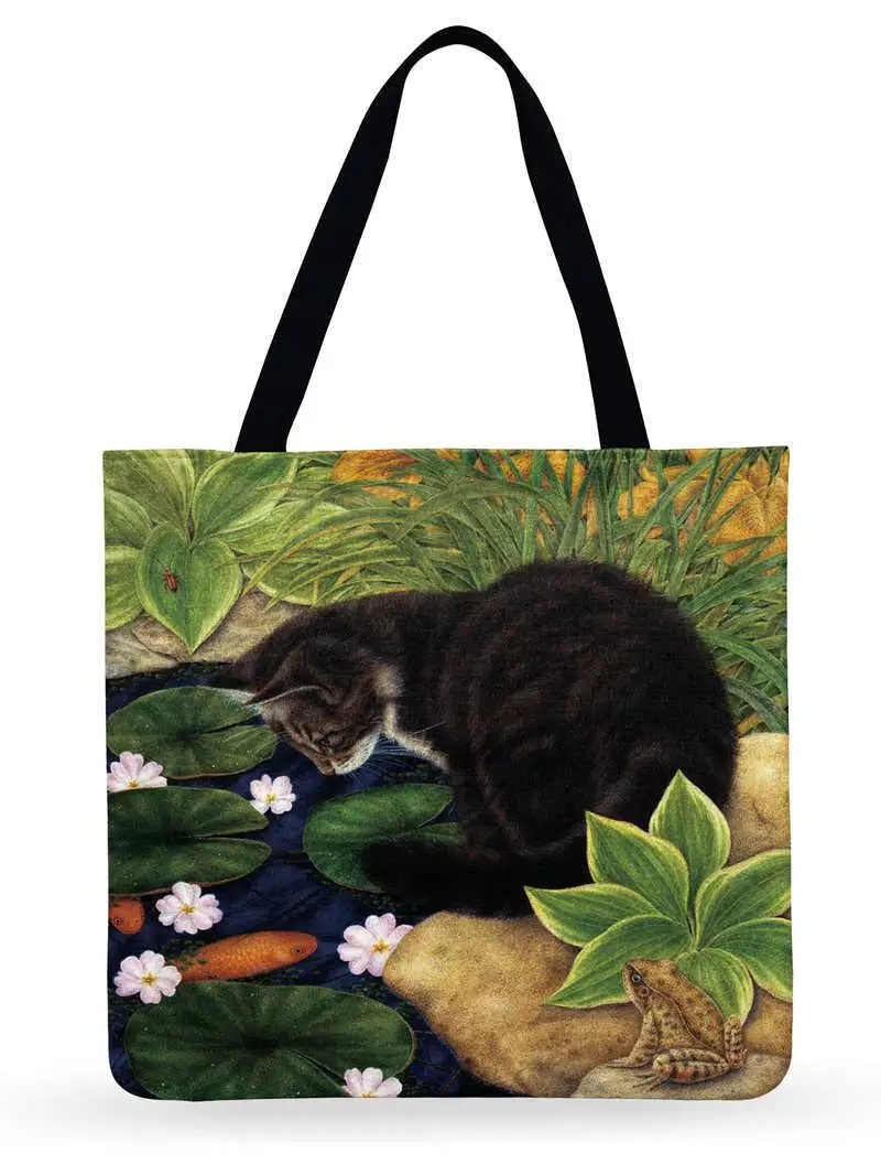 Мультяшная пасторальная Повседневная Сумка-тоут с принтом кота, льняная многофункциональная модная сумка для покупок, многоразовая женская сумка-тоут, Повседневная пляжная сумка - Цвет: 16