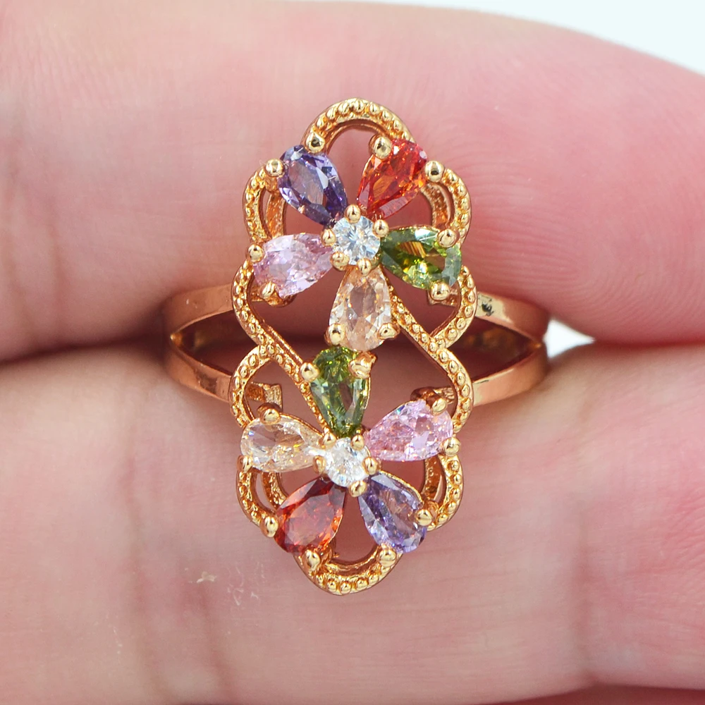 Romantic Gold Color AAA+ Cubic Zirconia Women Multicolor CZ Twin Flowers Engagement Ring Jewelry