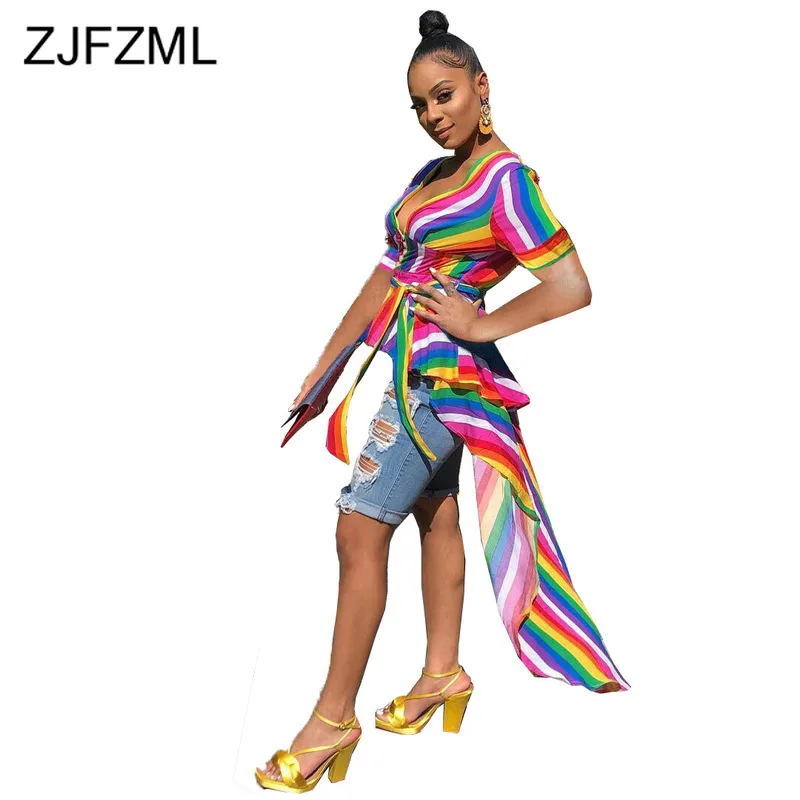 

Rainbow Striped Sexy Slim Fit T Shirts Women Deep V Neck Short Sleeve Front Short Back Long Top Summer Contrast Color Beach Tee