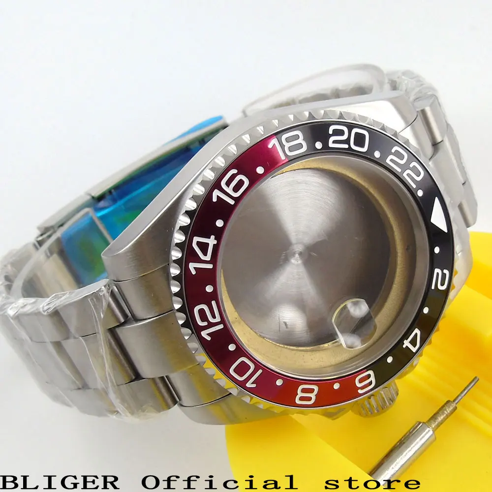 Sapphire Glass BLIGER 43MM Red Black Bezel Date Magnifier Watch Case