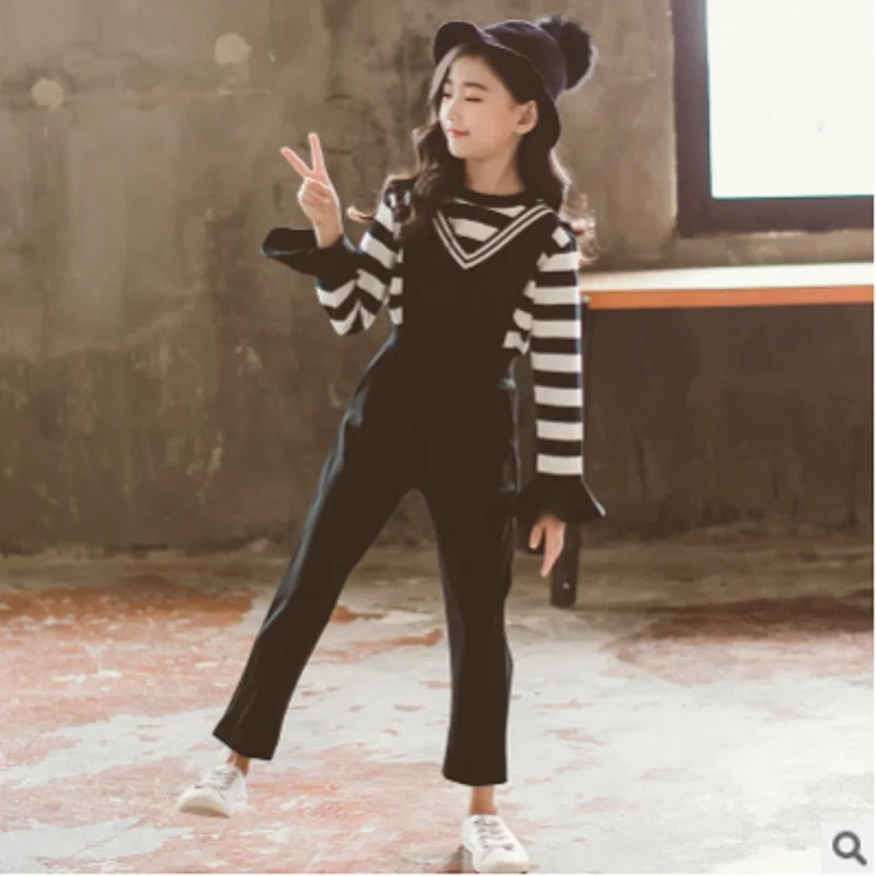 

Girls Overalls Clothing Sets Suits 2018 Spring and Autumn Kids Clothes Sets Children's Suits Sets Black Colors Size4-14 ly191