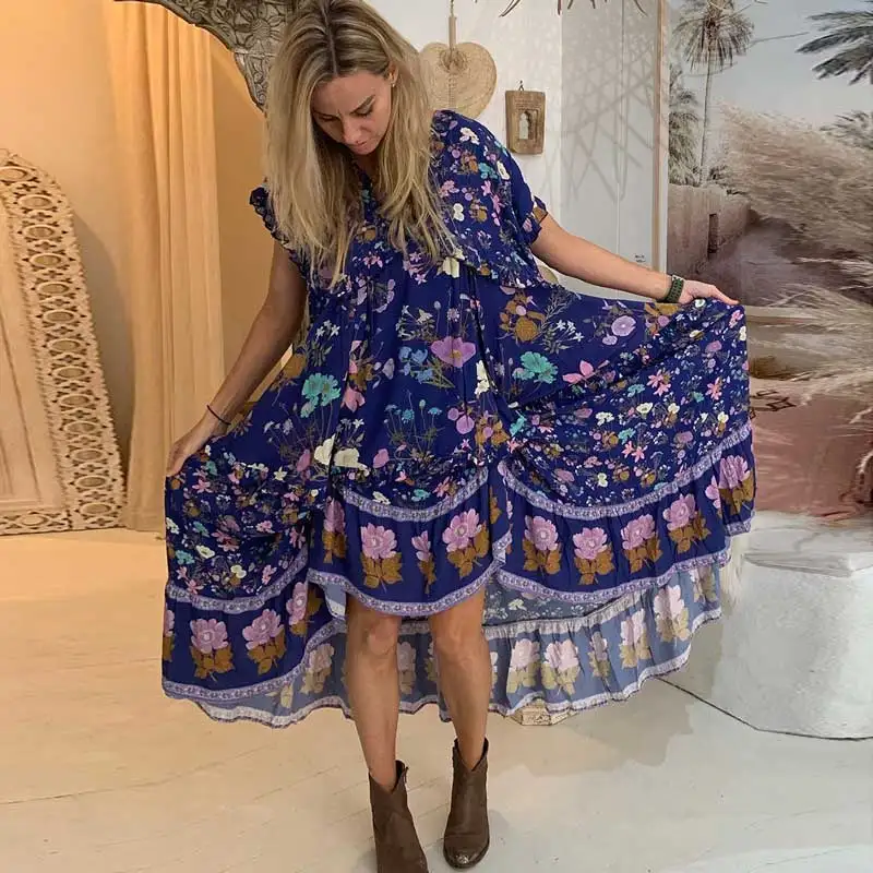 

BOHO INSPIRED navy floral boho dress frill hem V-neck loose gypsy style holiday summer dress causla chic women dress 2019 new