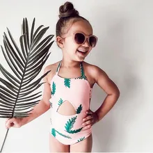 Летний купальный костюм с рисунком Купальник для девочек, цельный бикини листья розового цвета