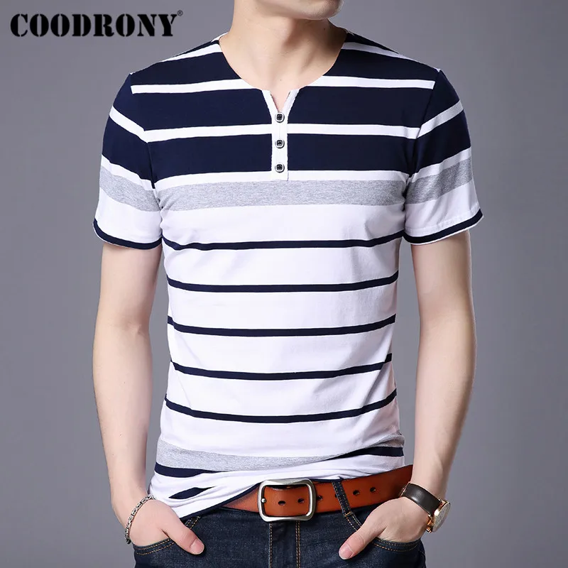 

COODRONY Brand Short Sleeve T Shirt Men Streetwear Fashion Casual Tshirt 2019 Summer New Striped Henry Collar T-Shirt Men S95087