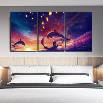 

Modular Canvas Painting Home Decor 3 Panel Dolphin Couple Sunset Landscape Picture Modern Print Poster For Living Room Wall Art