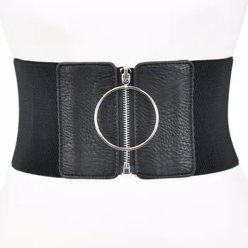 

Ultra Wide Women Dresses Belt Korean Version Big Metal Circle Ring Cummerbund Black Zipper Elastic Female Leather Waist Strap