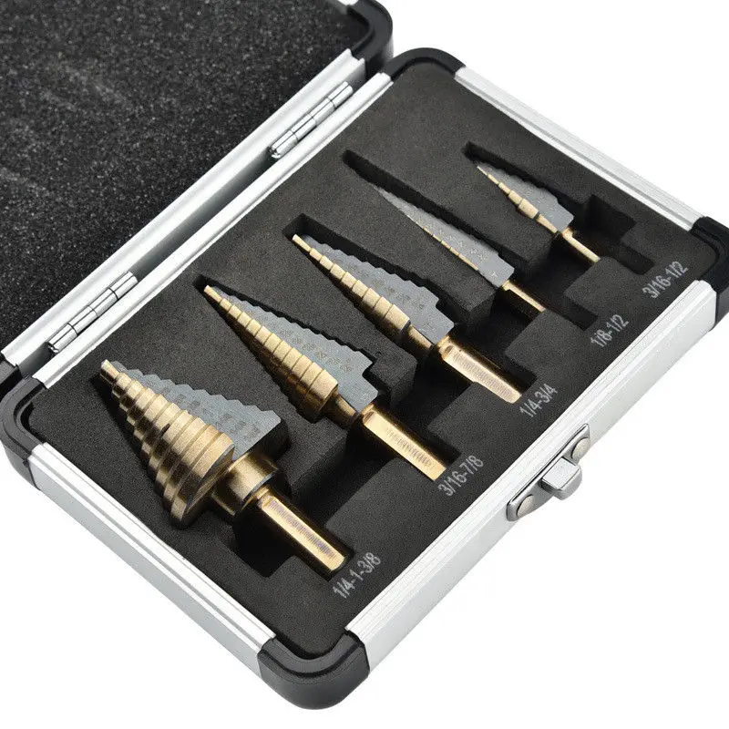 5Pcs HSS Cobalt Multiple Hole 50 Sizes Step Drill Bit Set Tools W/ Aluminum Case