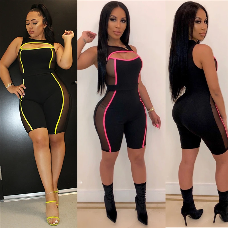 

Fluorescence Color Trim Sheer Mesh Patchwork Sexy Jumpsuit Hollow Out Sleeveless Fashion Casual Romper Cycle Playsuits