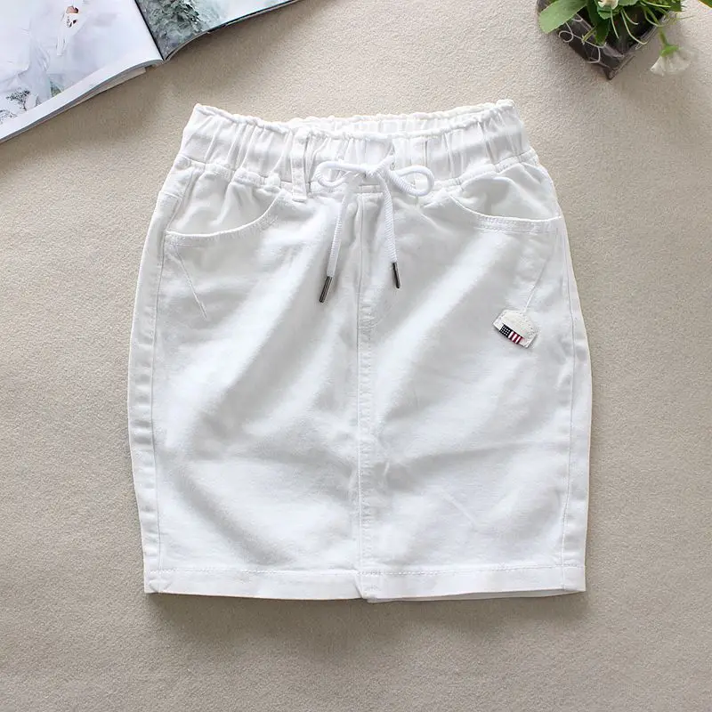 2018 Summer White Jeans Skirts Womens Elastic Waist Back Split Pencil