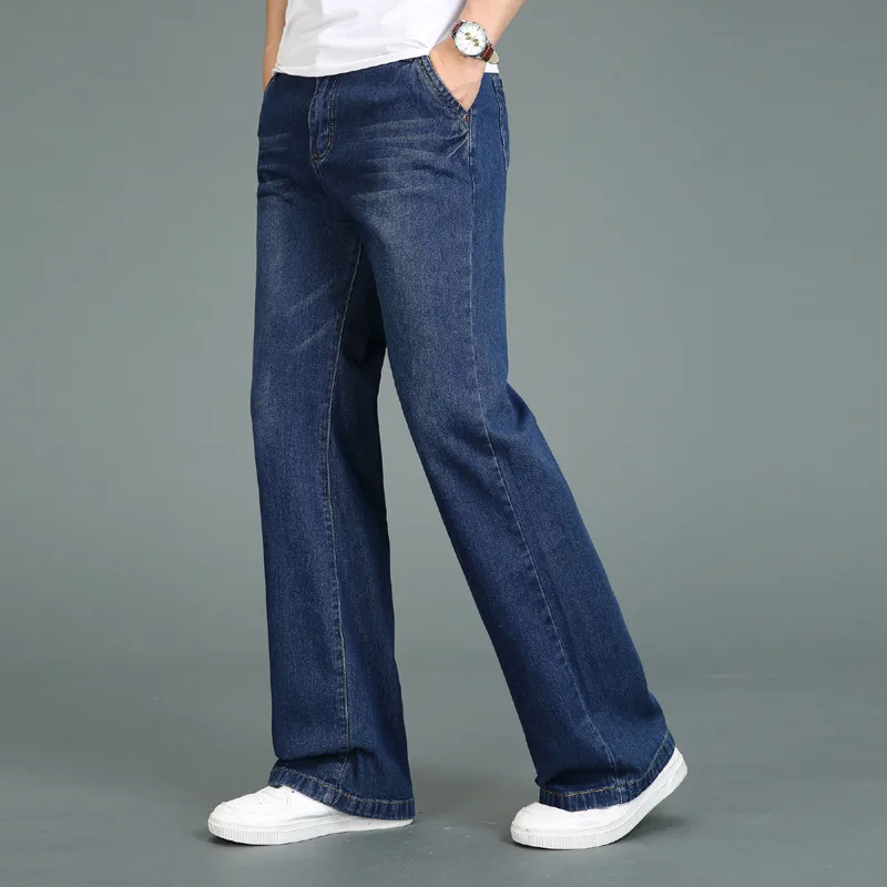 Джинсы мужские 2019 летние новые тонкие большие размеры микро колокольчики мужские темно-синие классические прямые джинсы для байкеров