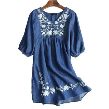 

2017 Summer Casual Female Womens Lantern Sleeve Embroidery Denim Dress , High Waisted Loose V Neck Jeans Dresses For Woman