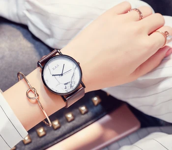 

X.A.X Women Marble Watches With Black Case Genuine Leather Strap Brown for Ladies
