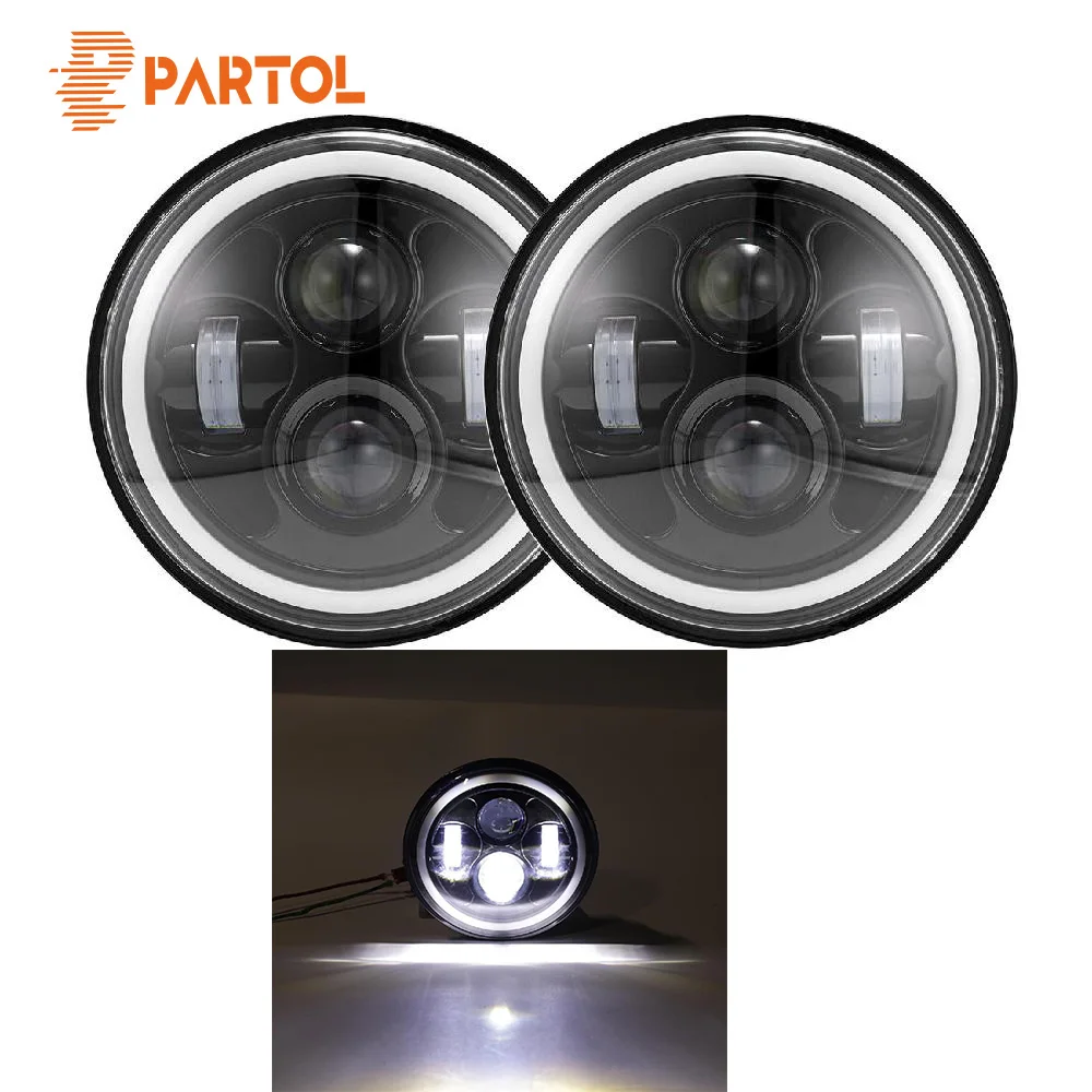 

Partol 2Pcs 7" Led Motorcycle Headlight H4 High Low Beam Round Cars Running Lights With Red Angel Eyes For Jeep Offroad 4x4