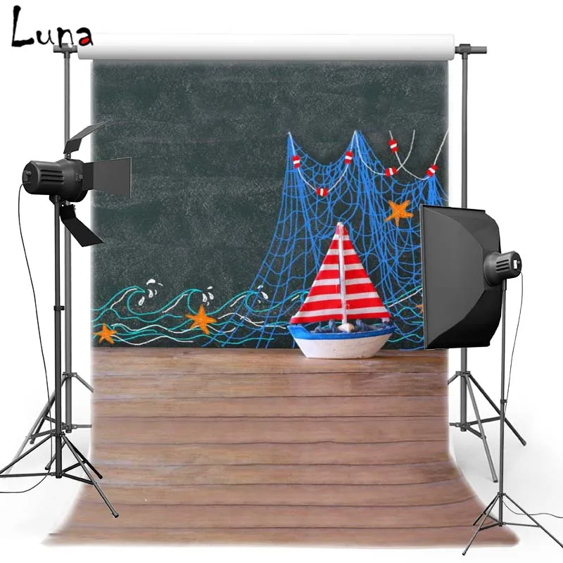 

Vinyl Photography Background Fishing net Wood Floor Photo backdrop Boat Wedding Kids studio Props F2663