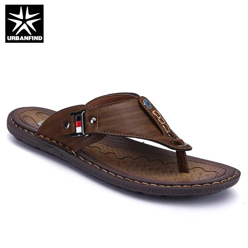

2019 Brand Fashion Men Summer Leather Slippers Breathable Comfortable Slip-on Beach Shoes Casual Flip Flops
